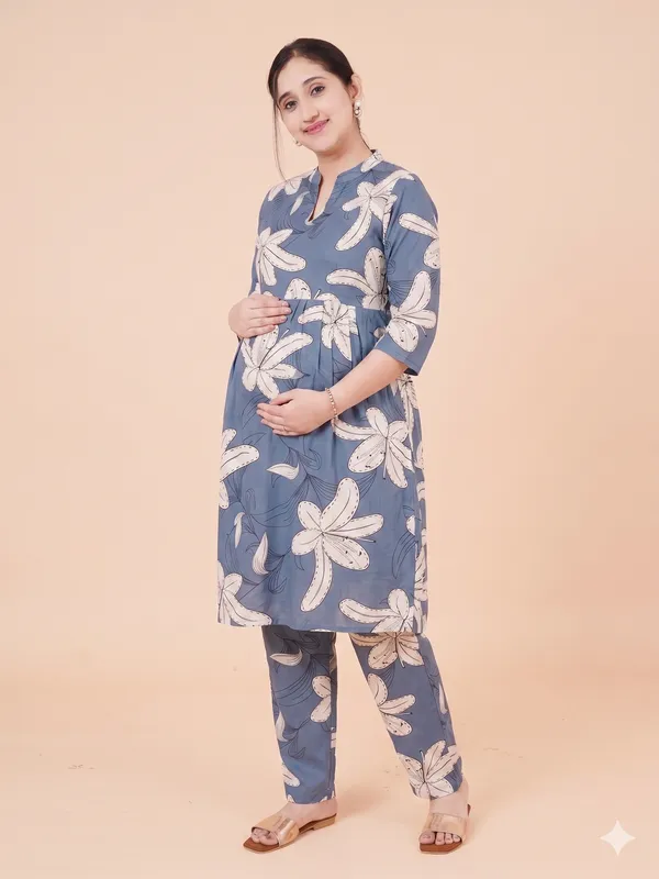 Grey_Floral_Maternity_Kurta_Set_with_Feeding_Zip_&_Matching_Bottom