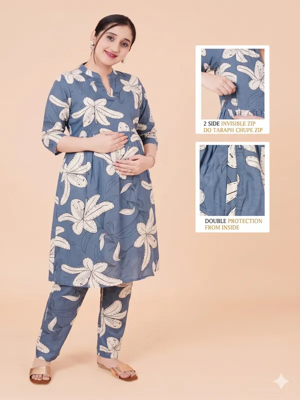 Grey_Floral_Maternity_Kurta_Set_with_Feeding_Zip_&_Matching_Bottom