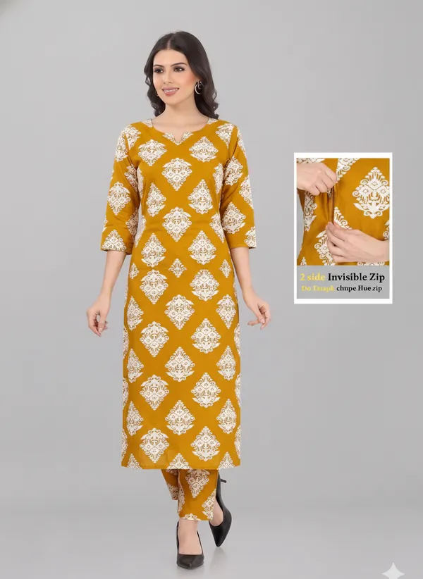 Mustard_Printed_Feeding_Kurti_Pant_Set_with_2-Side_Invisible_Zips