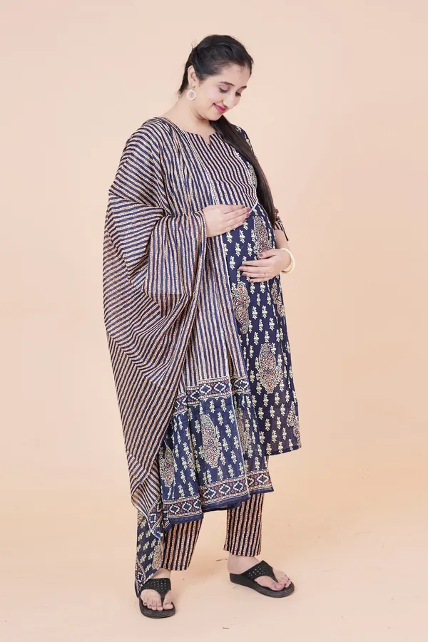 Navy_Blue_&_Gold_Ethnic_Floral_Print_Cotton_Maternity_Suit_Set_–_3-Piece_Ensemble_with_Striped_Trousers_and_Matching_Dupatta