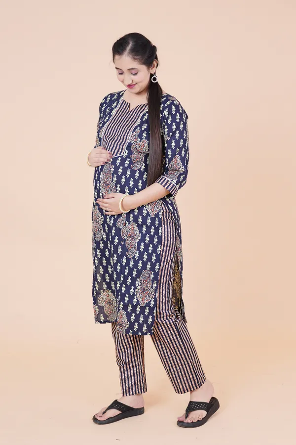 Navy_Blue_&_Gold_Ethnic_Floral_Print_Cotton_Maternity_Suit_Set_–_3-Piece_Ensemble_with_Striped_Trousers_and_Matching_Dupatta