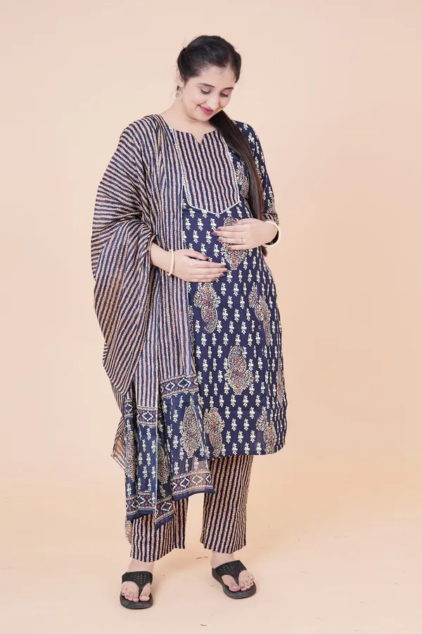 Navy_Blue_&_Gold_Ethnic_Floral_Print_Cotton_Maternity_Suit_Set_–_3-Piece_Ensemble_with_Striped_Trousers_and_Matching_Dupatta