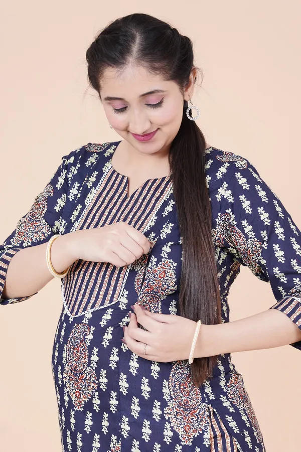 Navy_Blue_&_Gold_Ethnic_Floral_Print_Cotton_Maternity_Suit_Set_–_3-Piece_Ensemble_with_Striped_Trousers_and_Matching_Dupatta