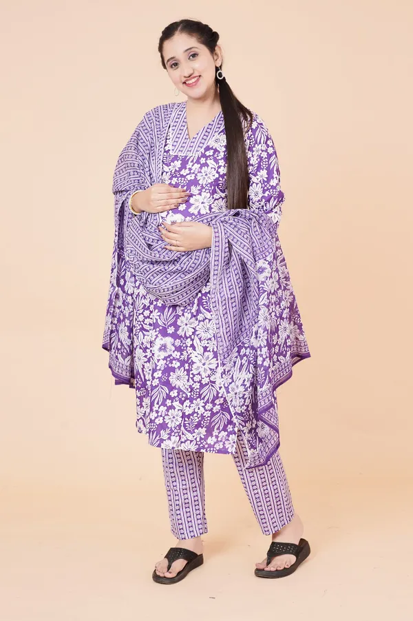 Purple_Floral_Cotton_Maternity_Kurti_with_Pant_&_Dupatta_Set_–_Feeding_Friendly_with_Dual_Invisible_Zips