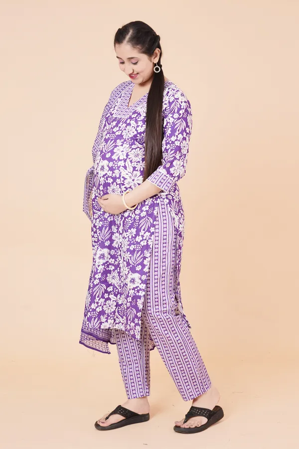 Purple_Floral_Cotton_Maternity_Kurti_with_Pant_&_Dupatta_Set_–_Feeding_Friendly_with_Dual_Invisible_Zips