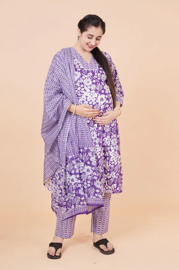 Purple_Floral_Cotton_Maternity_Kurti_with_Pant_&_Dupatta_Set_–_Feeding_Friendly_with_Dual_Invisible_Zips