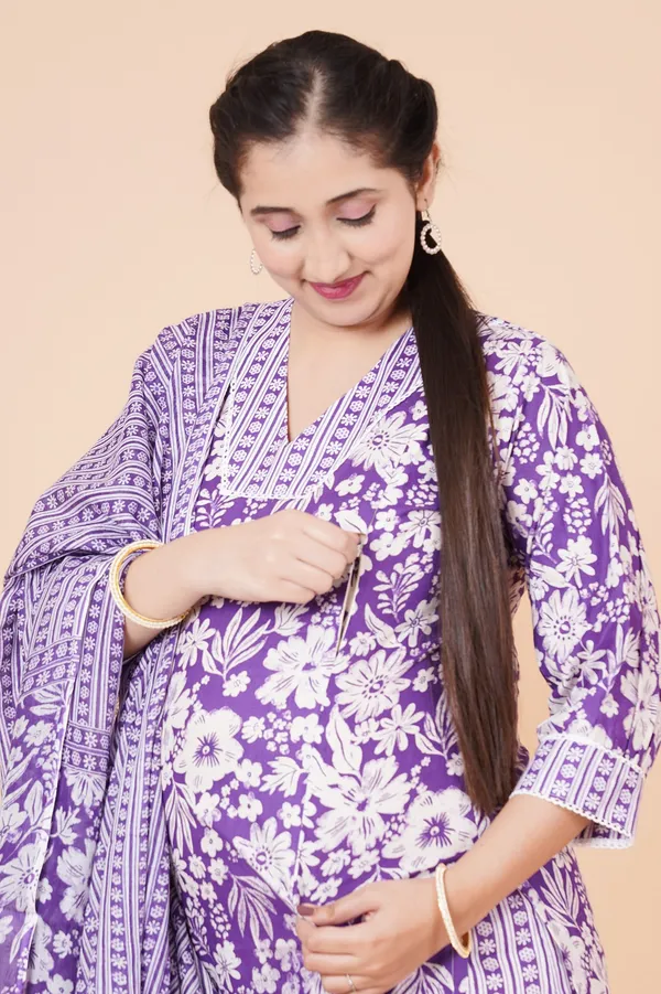 Purple_Floral_Cotton_Maternity_Kurti_with_Pant_&_Dupatta_Set_–_Feeding_Friendly_with_Dual_Invisible_Zips