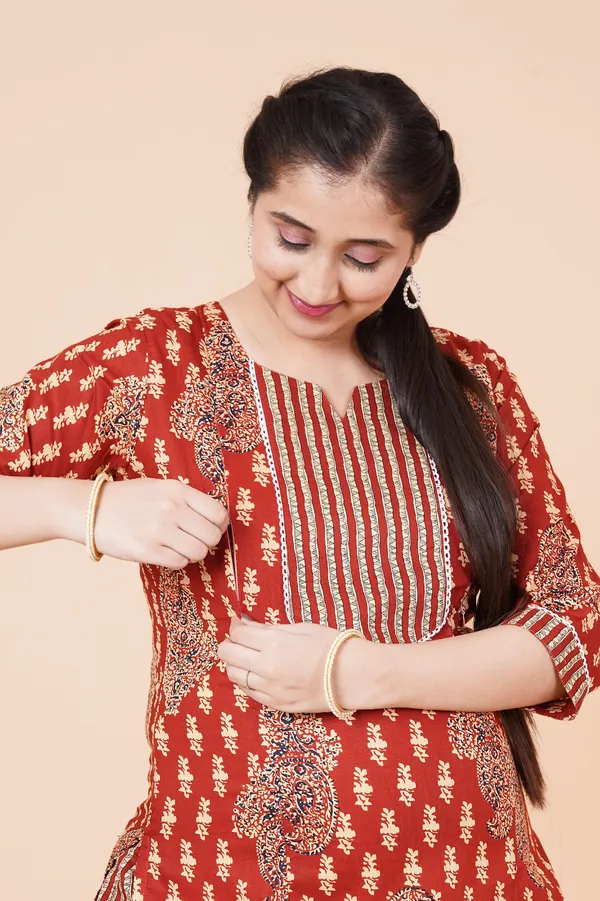 Rust-Red_Printed_Cotton_Maternity_Top,_Bottom_and_Dupatta_Set
