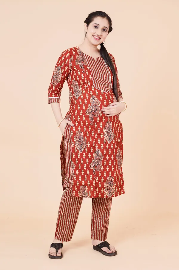 Rust-Red_Printed_Cotton_Maternity_Top,_Bottom_and_Dupatta_Set
