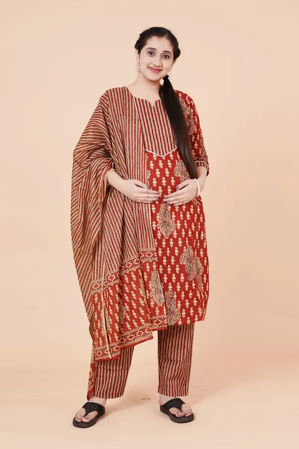 Rust-Red_Printed_Cotton_Maternity_Top,_Bottom_and_Dupatta_Set