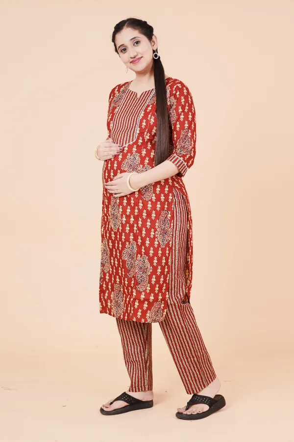 Rust-Red_Printed_Cotton_Maternity_Top,_Bottom_and_Dupatta_Set