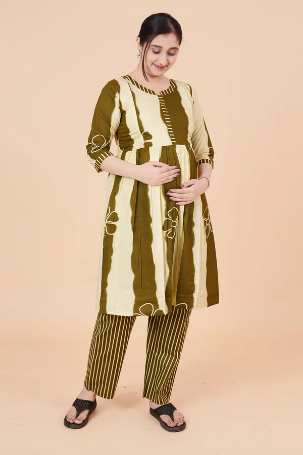 Women_Cotton_Printed_Olive_Green_Feeding_&_Maternity_Kurti_&_Pyajama_Set__With_Invisible_zip