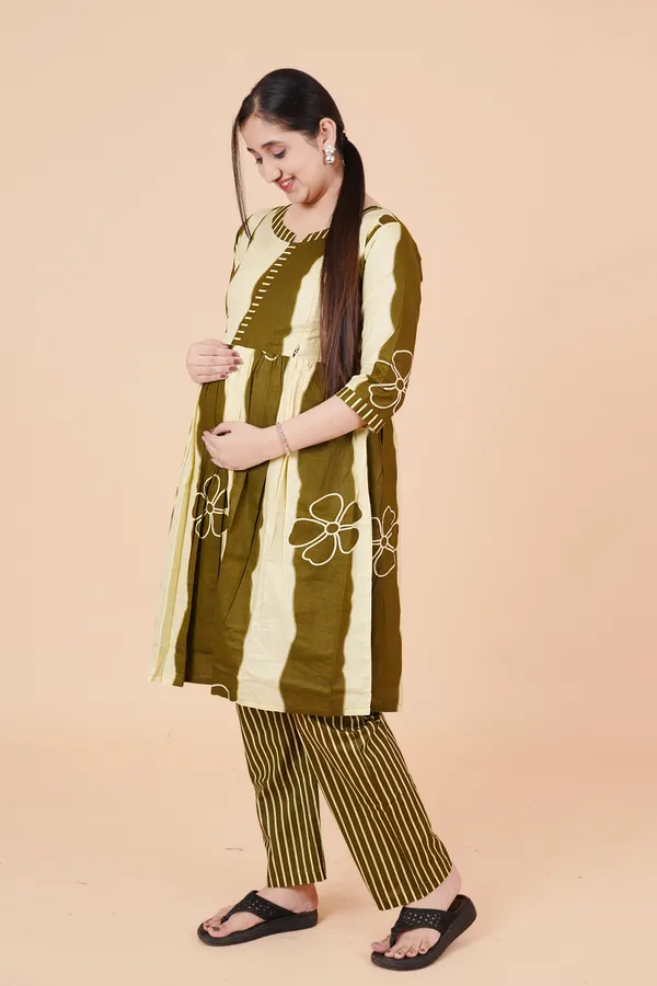Women_Cotton_Printed_Olive_Green_Feeding_&_Maternity_Kurti_&_Pyajama_Set__With_Invisible_zip