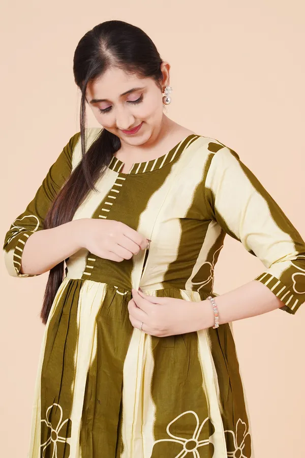Women_Cotton_Printed_Olive_Green_Feeding_&_Maternity_Kurti_&_Pyajama_Set__With_Invisible_zip