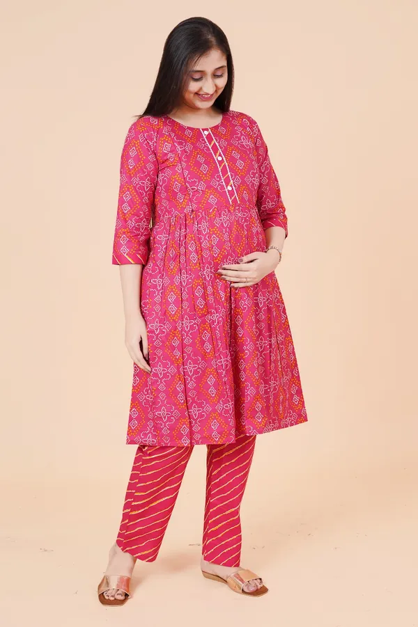 Women_Cotton_Rani_Pink_Bandhani_Print_Feeding_&_Maternity_Kurti_&_Pyajama_Set__With_Invisible_zip