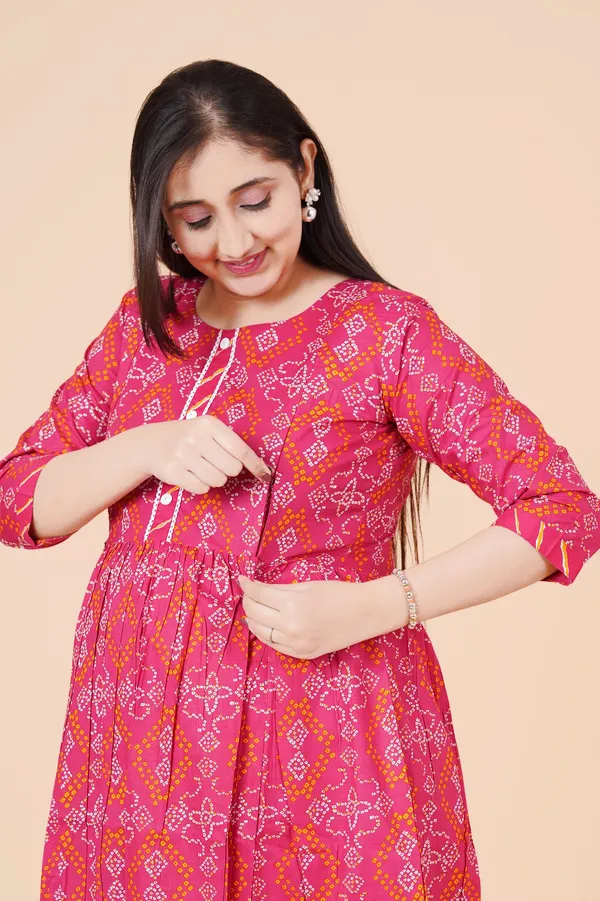 Women_Cotton_Rani_Pink_Bandhani_Print_Feeding_&_Maternity_Kurti_&_Pyajama_Set__With_Invisible_zip