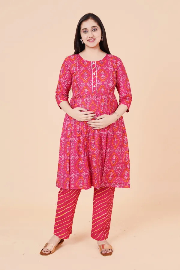Women_Cotton_Rani_Pink_Bandhani_Print_Feeding_&_Maternity_Kurti_&_Pyajama_Set__With_Invisible_zip