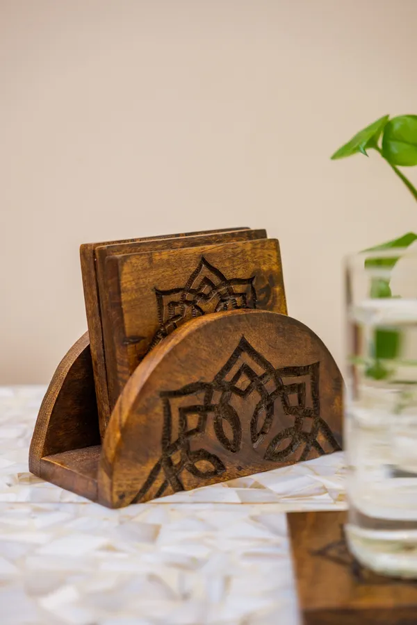Wooden_Engraved_Design_Coaster_with_Stand_-_Set_of_4