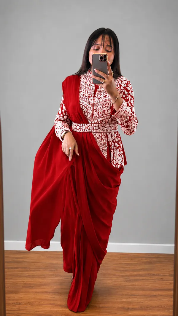 Super_Trending_Embroidery__Work_Ready_To_Wear_Red__Saree_With_Full_Koti