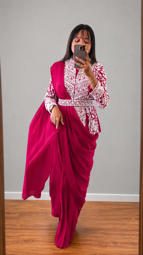 Super_Trending_Embroidery__Work_Ready_To_Wear_Red__Saree_With_Full_Koti