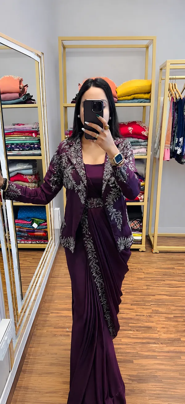 New_Super_Trending_Embroidery_Sequence_work_ready_to_wear_saree_with_full_koti