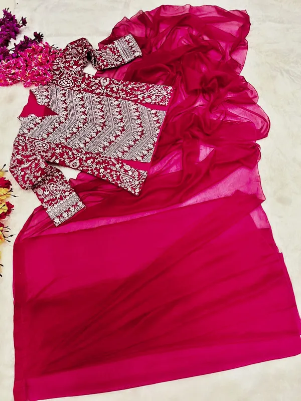 Pink_Colour_Embroidery_Work_Ready_To_Wear_Saree_With_Blouse