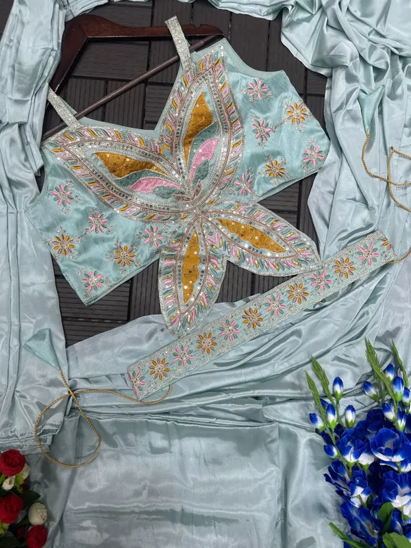 New_Super_Trending_Embroidery_Sequence_work_ready_to_wear_saree_with_Embroidery_Blouse