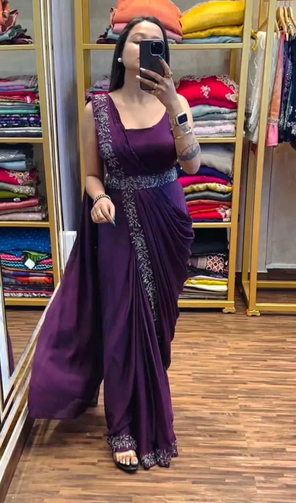 New_Super_Trending_Embroidery_Sequence_work_ready_to_wear_saree_with_full_koti