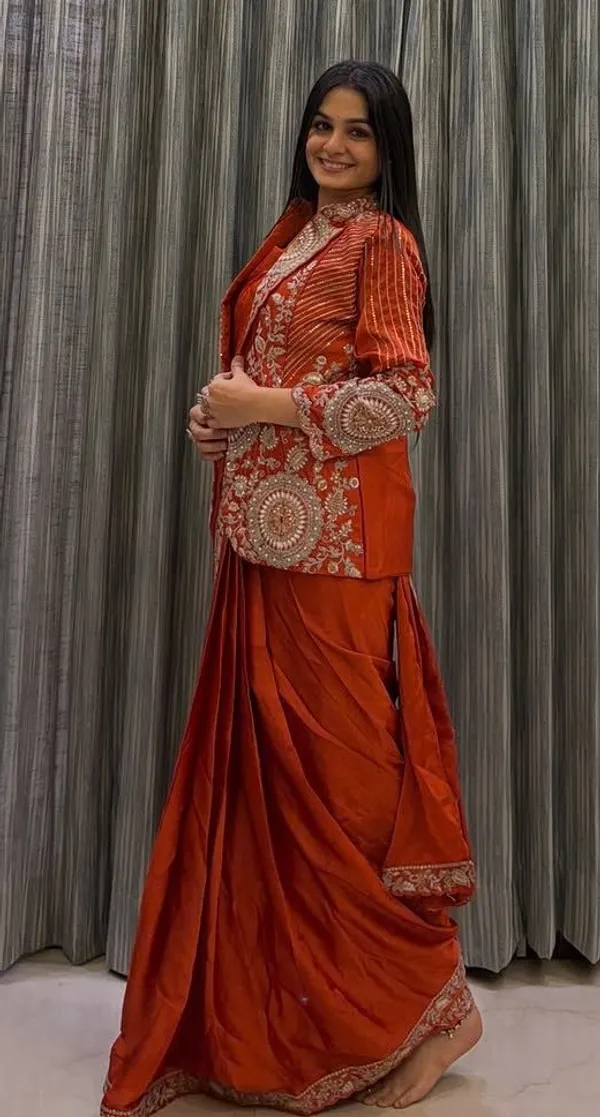 New_Super_Trending_Embroidery_Sequence_work_ready_to_wear_saree_with_full_koti