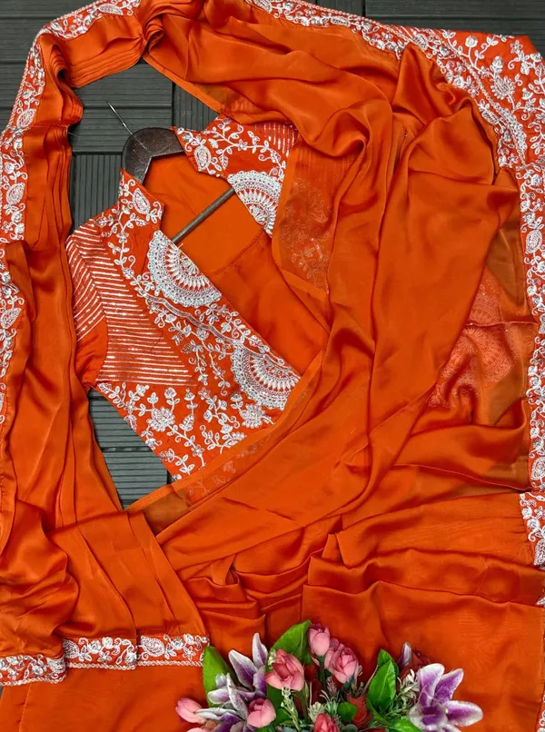 New_Super_Trending_Embroidery_Sequence_work_ready_to_wear_saree_with_full_koti