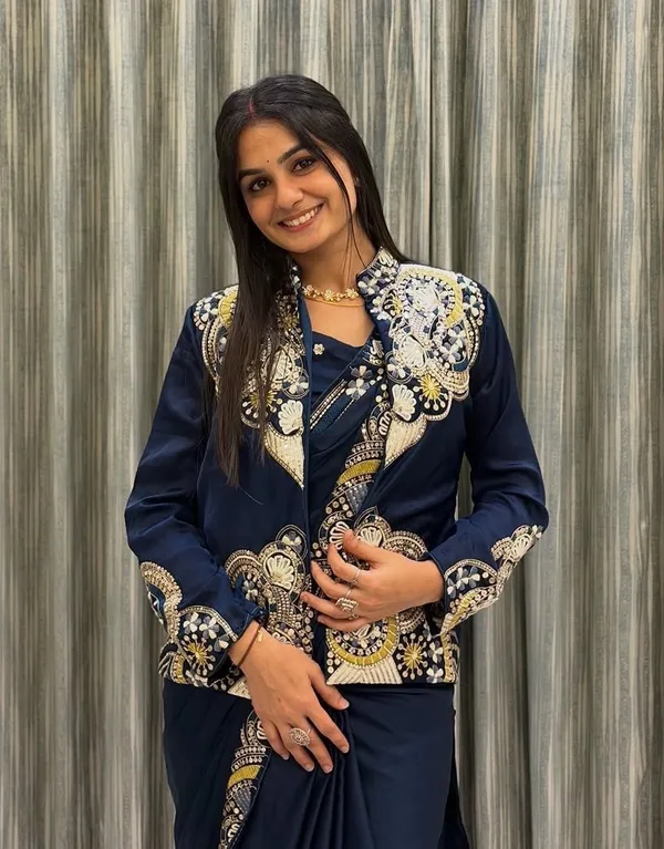 New_Super_Trending_Embroidery_Sequence_work_ready_to_wear_saree_with_full_koti