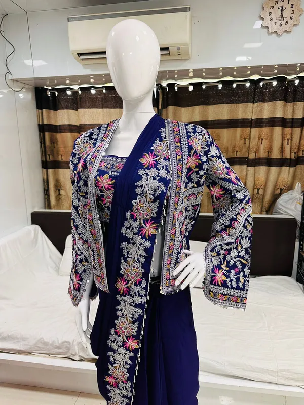 New_Super_Trending_Embroidery_cording_work_ready_to_wear_saree_with_full_koti