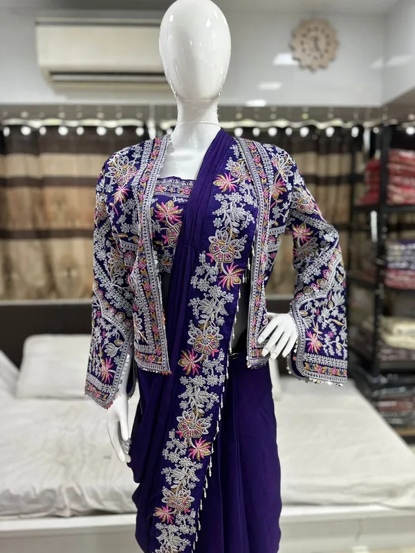 New_Super_Trending_Embroidery_cording_work_ready_to_wear_saree_with_full_koti