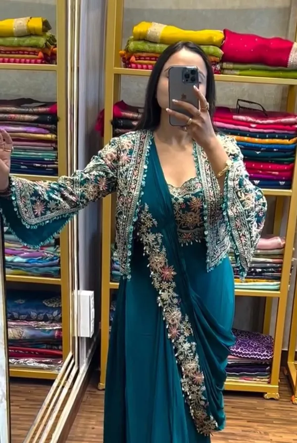 New_Super_Trending_Embroidery_cording_work_ready_to_wear_saree_with_full_koti