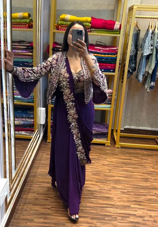 New_Super_Trending_Embroidery_cording_work_ready_to_wear_saree_with_full_koti