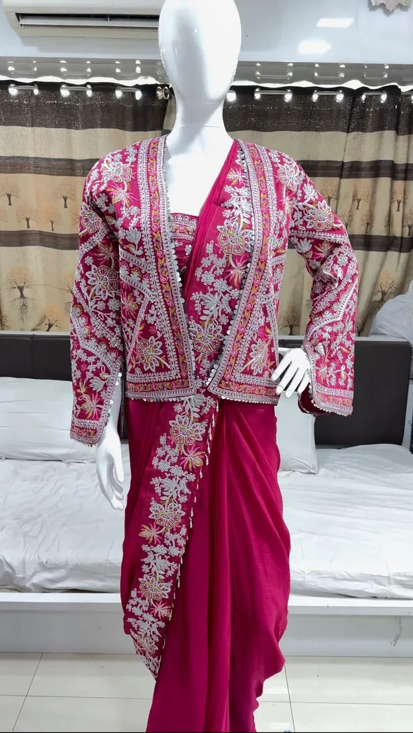 New_Super_Trending_Embroidery_cording_work_ready_to_wear_saree_with_full_koti