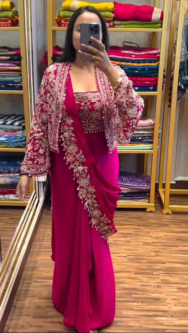 New_Super_Trending_Embroidery_cording_work_ready_to_wear_saree_with_full_koti