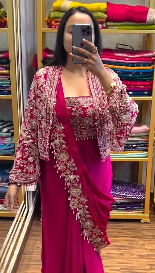 New_Super_Trending_Embroidery_cording_work_ready_to_wear_saree_with_full_koti