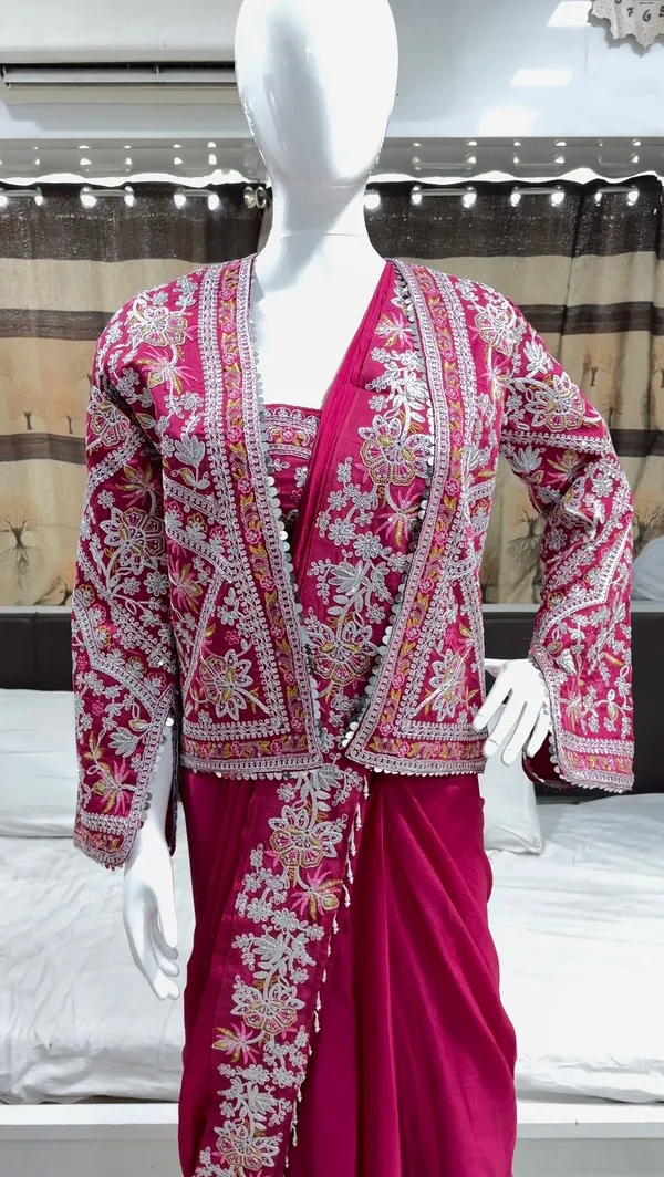 New_Super_Trending_Embroidery_cording_work_ready_to_wear_saree_with_full_koti
