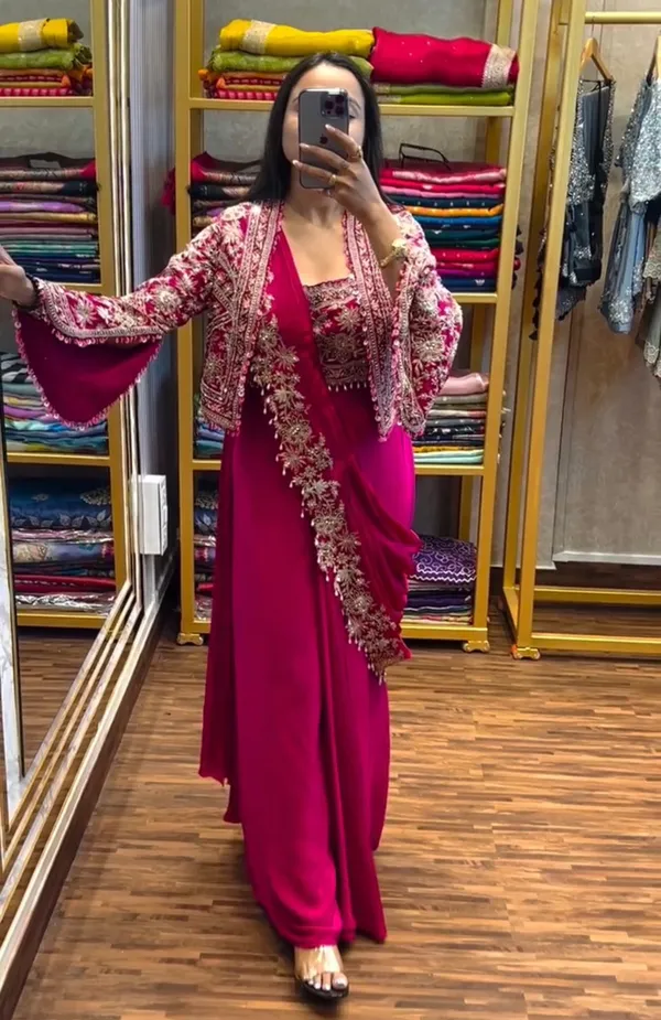New_Super_Trending_Embroidery_cording_work_ready_to_wear_saree_with_full_koti