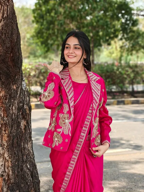 New_Super_Trending_Party_jacket_with_saree_Reday_to_wear_Embroidery_work_saree