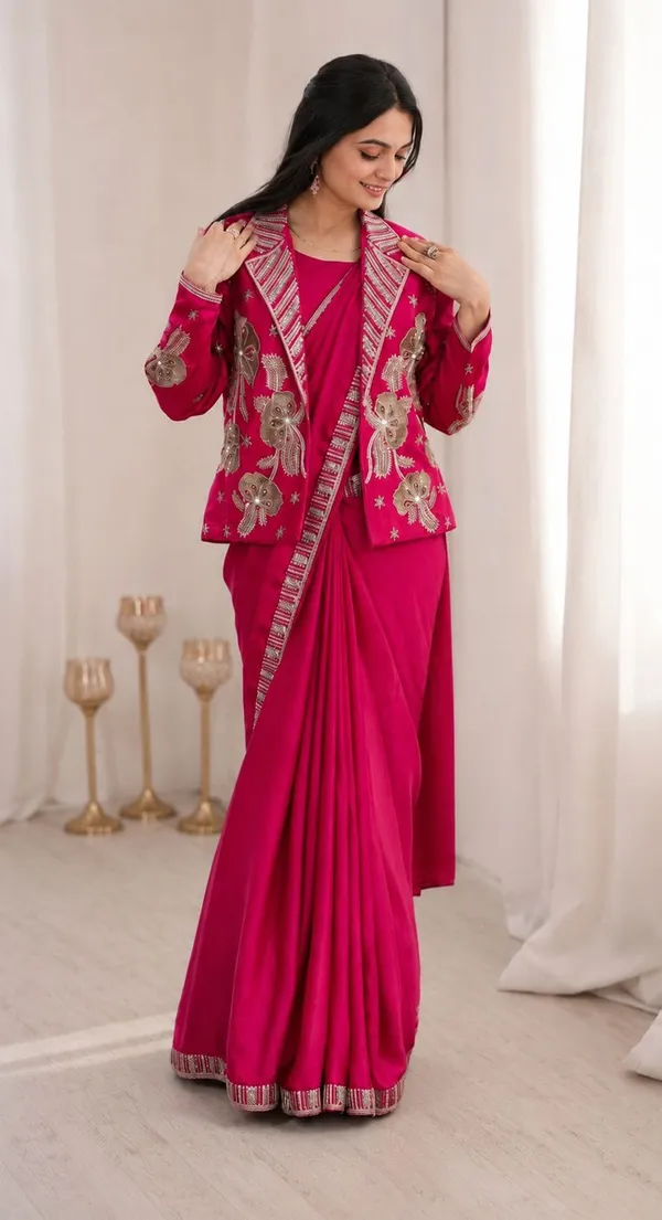New_Super_Trending_Party_jacket_with_saree_Reday_to_wear_Embroidery_work_saree