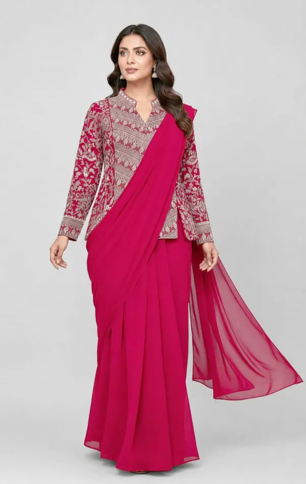 Pink_Colour_Embroidery_Work_Ready_To_Wear_Saree_With_Blouse