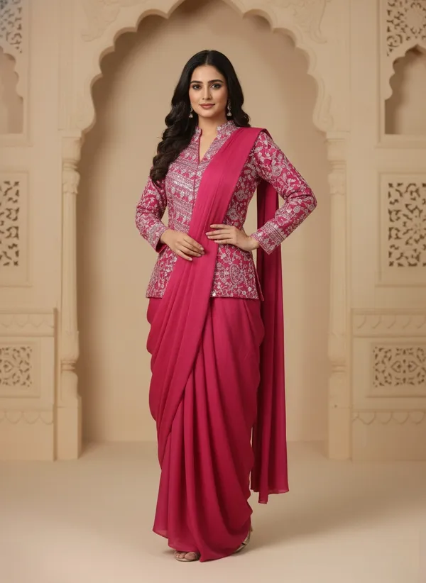 Pink_Colour_Embroidery_Work_Ready_To_Wear_Saree_With_Blouse