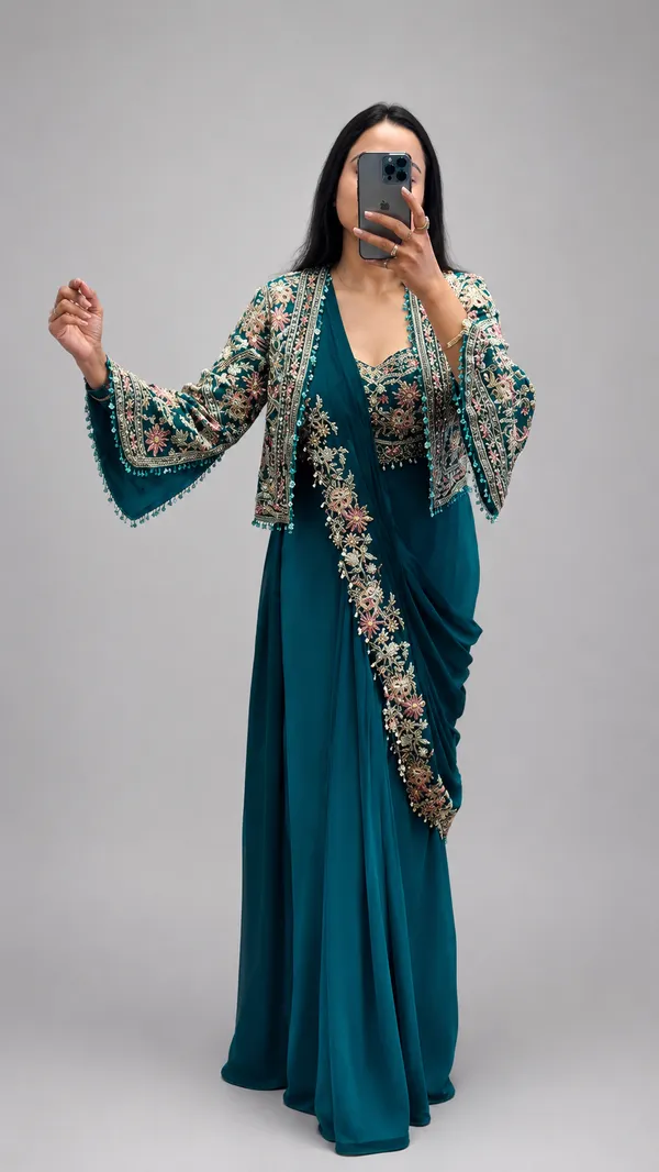 New_Super_Trending_Embroidery_cording_work_ready_to_wear_saree_with_full_koti