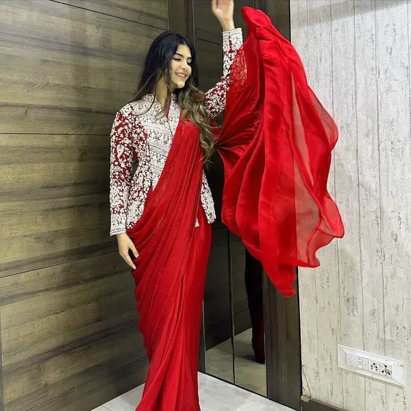 Red__Colour_Embroidery_Work_Ready_To_Wear_Saree_With_Blouse