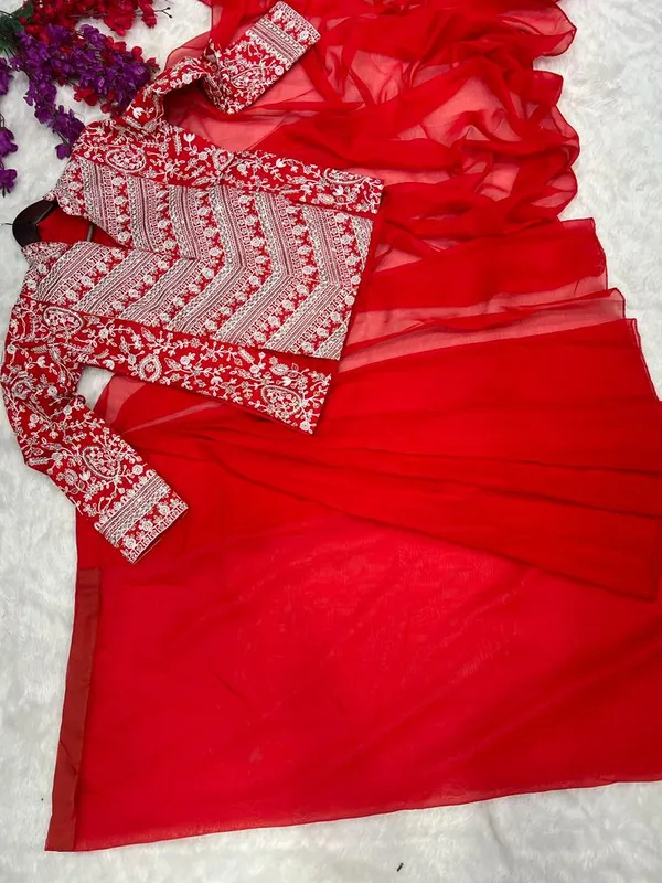 Red__Colour_Embroidery_Work_Ready_To_Wear_Saree_With_Blouse