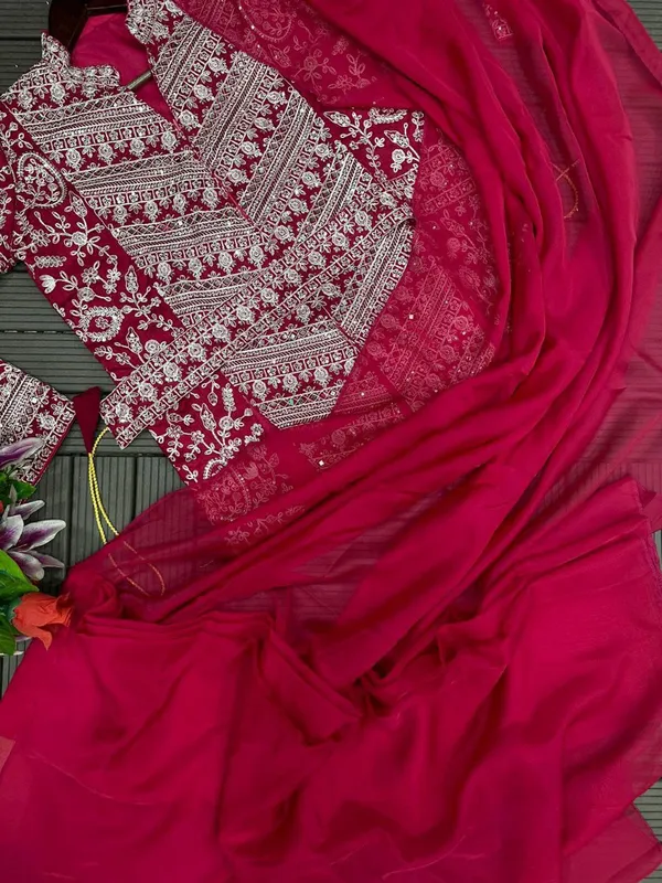 Super_Trending_Embroidery__Work_Ready_To_Wear_Red__Saree_With_Full_Koti