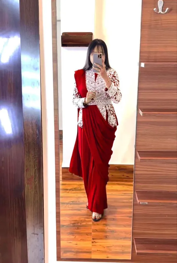 Super_Trending_Embroidery__Work_Ready_To_Wear_Red__Saree_With_Full_Koti