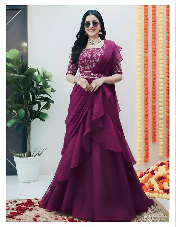 Wine_Lehenga_1_Minute_Saree_With_Stitch_Blouse_With_Embroidery_Work